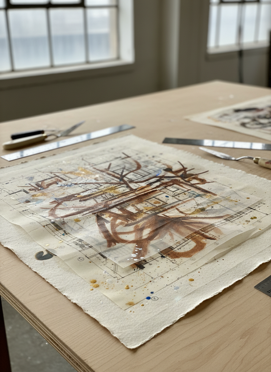 A detailed close-up of a mixed-media artwork resting on a large studio table: layers of textured handmade paper, fragments of architectural drawings, translucent vellum, and strokes of charcoal and sienna ink. Fine pigment dust and tiny paint splatters sit on the matte surface, catching the light. Around the artwork lie neatly arranged tools: a steel ruler, bone folder, and palette knife, all on a smooth plywood tabletop. Soft overcast light from a nearby industrial window creates gentle, directional illumination and subtle shadows. Photographic realism, captured with a shallow depth of field, focusing sharply on the tactile layers of the piece. The mood is thoughtful and process-oriented, suggesting the quiet craft behind contemporary art.
