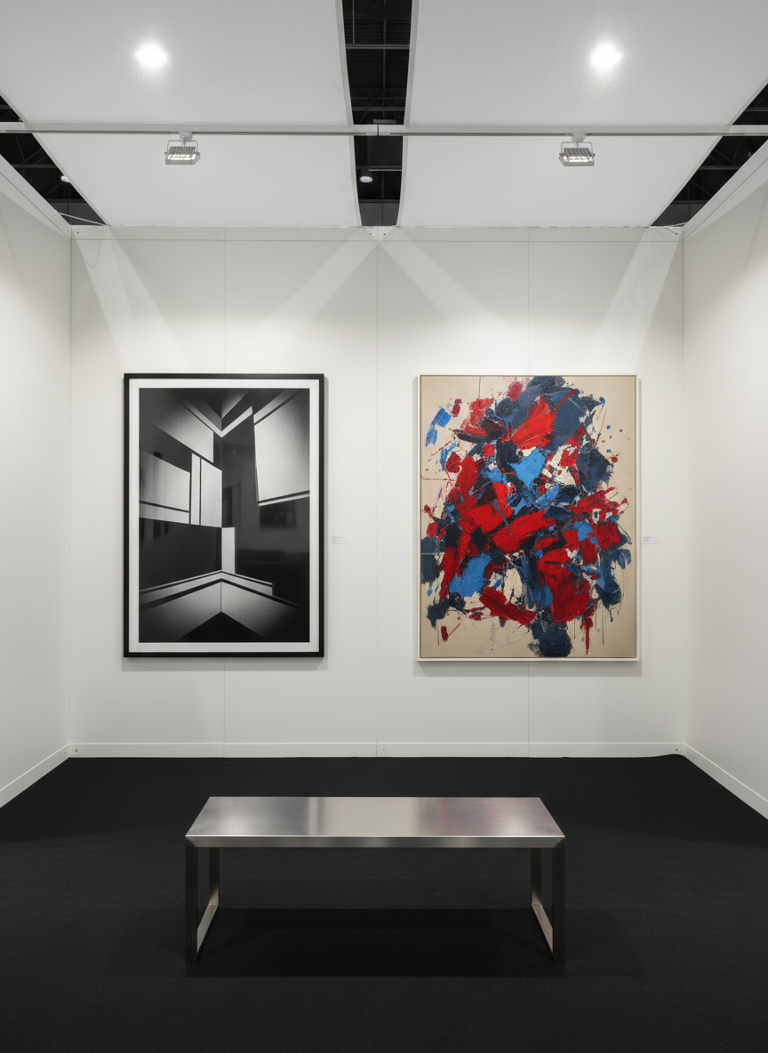 A refined art fair booth interior without crowds, showing a carefully arranged selection of contemporary works. On one side, a large monochrome photograph in a black frame anchors the space; opposite it, a vibrant abstract painting with gestural strokes of crimson, teal, and slate blue. A slim, brushed-steel bench sits centrally on a dark, flawless carpet, inviting quiet contemplation. Overhead, clean white canopy panels diffuse the artificial spotlighting, creating soft, even photographic lighting and subtle vignettes around each artwork. Captured in photographic realism from a slightly wide, frontal perspective, with strong vertical lines and balanced composition. The mood is polished, professional, and cosmopolitan, perfectly suited to an artists’ collective presenting at a high-end fair.