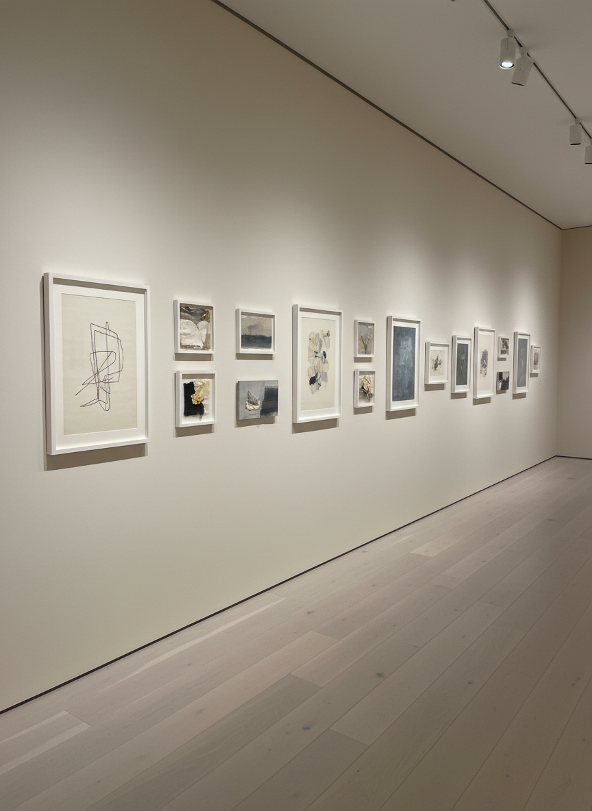 A long, refined exhibition wall in a contemporary gallery, displaying a curated row of framed contemporary artworks: minimalist line drawings, muted color field pieces, and small mixed-media works with fabric and gold leaf. Each frame is thin, matte white with museum-quality glass, aligned in a precise horizontal rhythm. The floor is pale oak, subtly reflective, leading the eye down the corridor. Cool, even track lighting from the ceiling casts soft pools of illumination on each piece without harsh shadows. Photographic realism, shot with a slightly elevated, diagonal perspective to create depth. The atmosphere is quietly luxurious and intellectual, reflecting a sophisticated contemporary art collective.